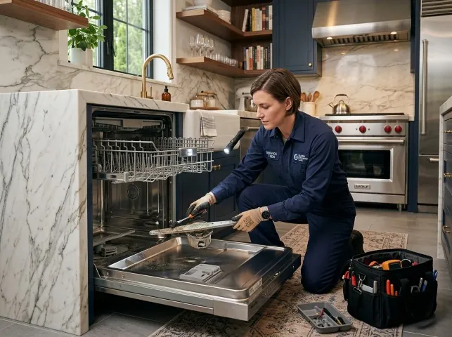 Appliance Repair Hero technician servicing a built-in dishwasher in a Ashville, OH kitchen