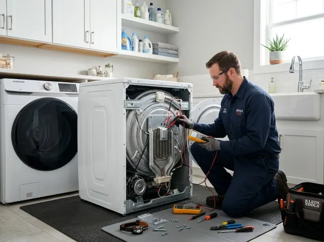 Appliance Repair Hero technician checking a dryer heating element with the rear panel off in Ashville, OH