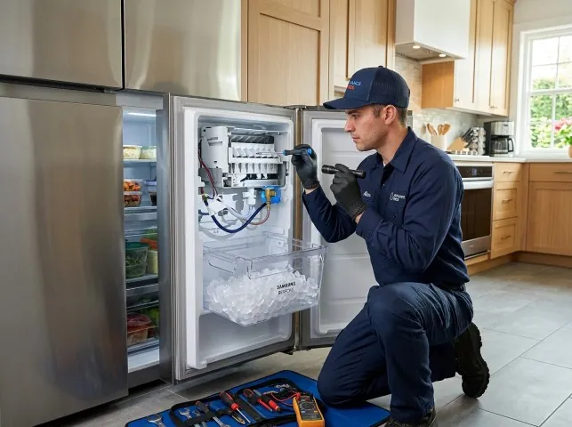 Appliance Repair Hero technician repairing a refrigerator ice maker in Ashville, OH