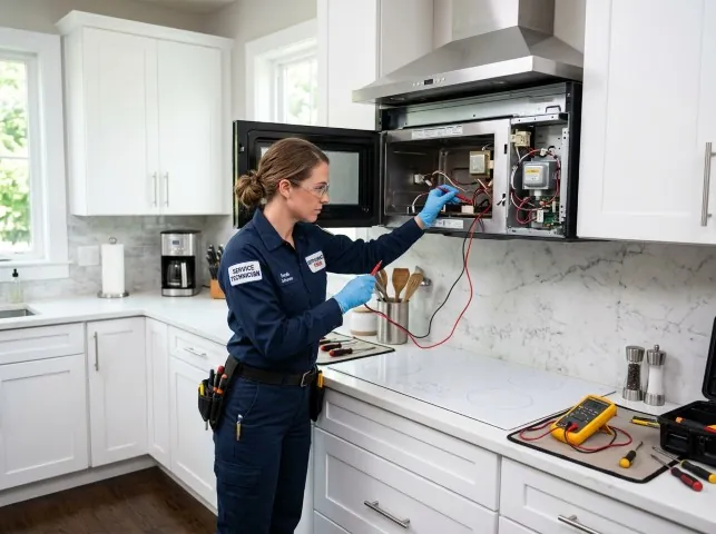 Appliance Repair Hero technician testing an over-the-range microwave in a Ashville, OH kitchen