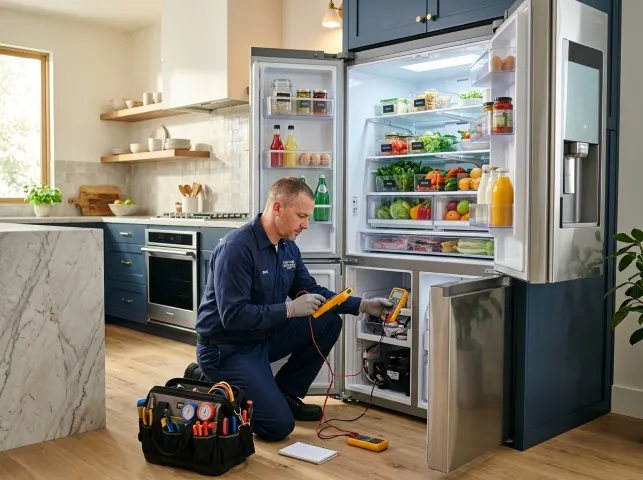 Appliance Repair Hero refrigerator technician testing a fridge on a Ashville, OH service call