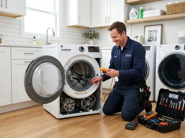Appliance Repair Hero technician testing a front-load washer with a multimeter on a Ashville, OH service call